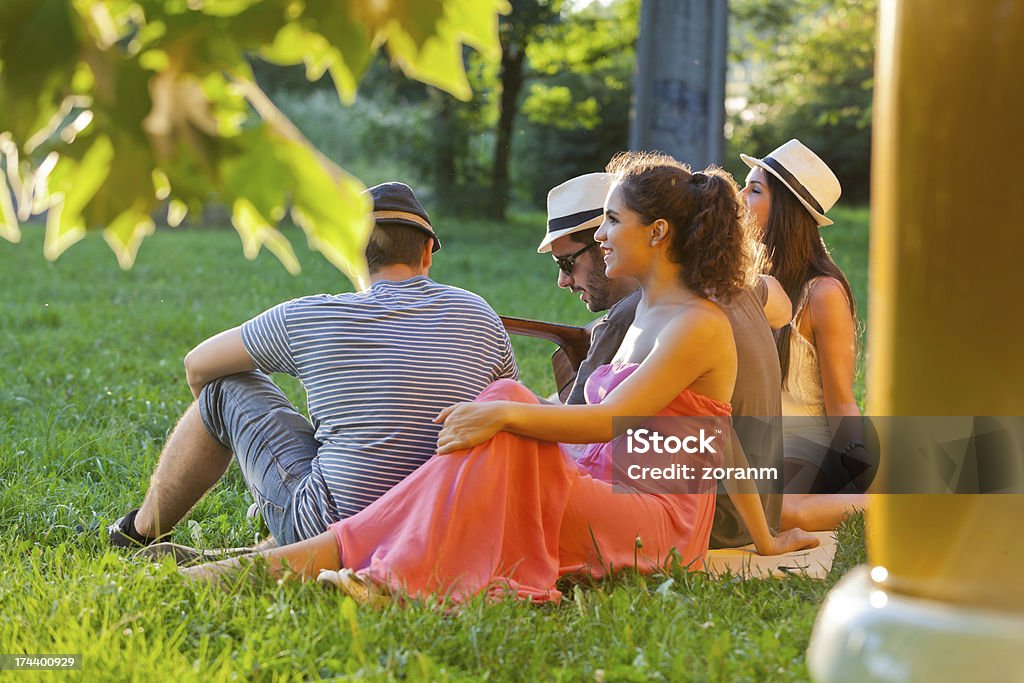 Summer fun Friends listening to guitarist playing, sitting on grass, color intensity Friendship Stock Photo