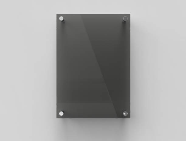 istock Blank vertical A4 black glass office corporate Signage plate Mock Up Template, Board For Branding, Logo. Black Transparent acrylic advertising signboard mockup. 3D rendering 1744021571
