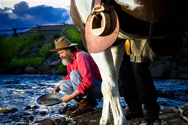 Characters:  Historical period dressed man panning for gold.  His friend and horse are by his side.  SEE MORE LIKE THIS in lightboxes.