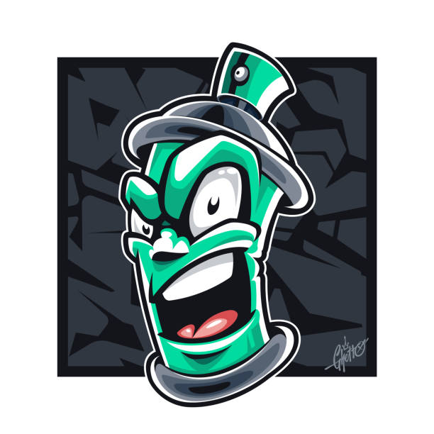 Graffiti Design With Mad Spray Can Wild style paint can graffiti character. Crazy spray can mascot on abstract shapes graffiti background. Vector graphic. cool graffiti characters stock illustrations