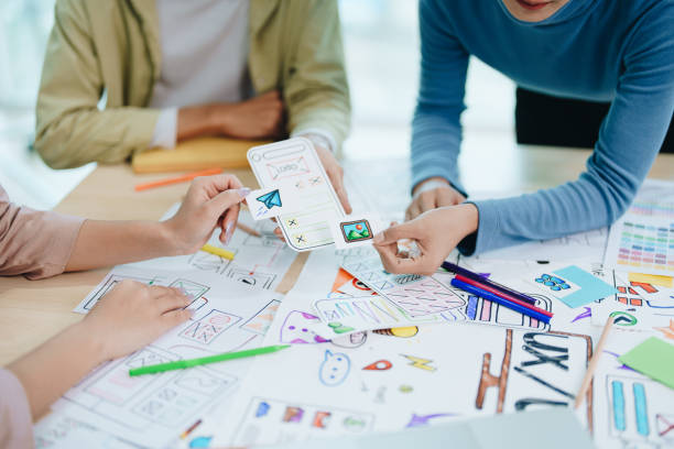 istock Team of Creative Web, Graphic Designer planning for mobile phone, drawing website ux ui app for mobile phone application and development template layout, process to developing prototype wireframe. 1744033828