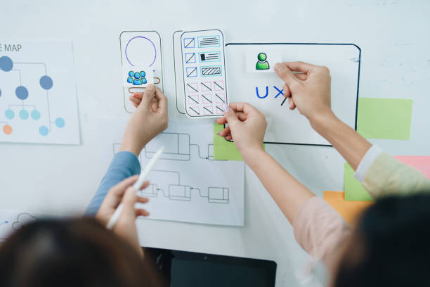 istock Team of Creative Web, Graphic Designer planning, drawing website ux ui app for mobile phone application and development template layout, process to developing prototype wireframe. 1744036127