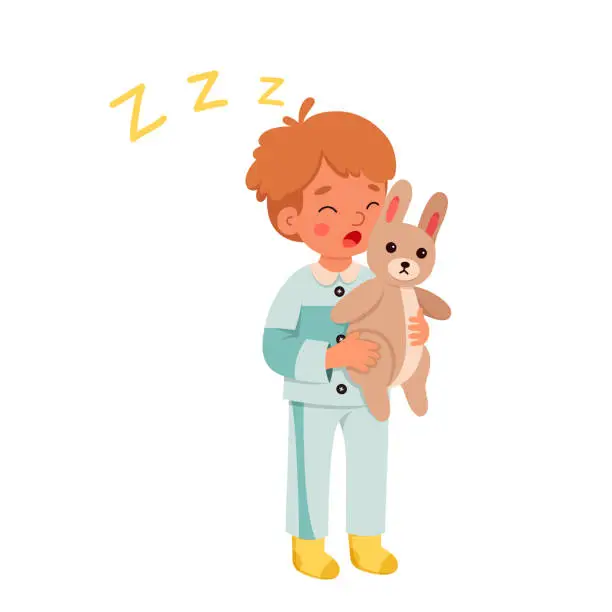 Vector illustration of Sleepy boy with bunny at bedtime, cute kid in blue pajamas holding toy to sleep togerther