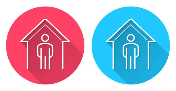 Vector illustration of Stay at home. Round icon with long shadow on red or blue background
