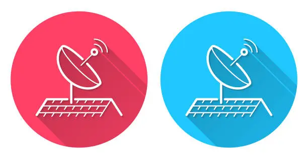 Vector illustration of Satellite dish on roof. Round icon with long shadow on red or blue background