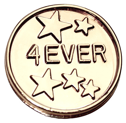 silver coin with five silver stars and shiny text 4ever, forever, for advertising, event and 5th anniversary wedding day, fun wedding games or funny party isolated on white background
