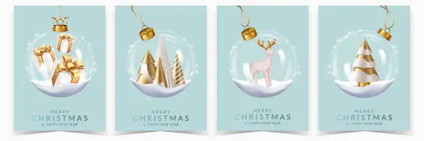 Vector illustration of Set of Christmas and New Year greeting cards with transparent balls with christmas trees, gifts and deer.