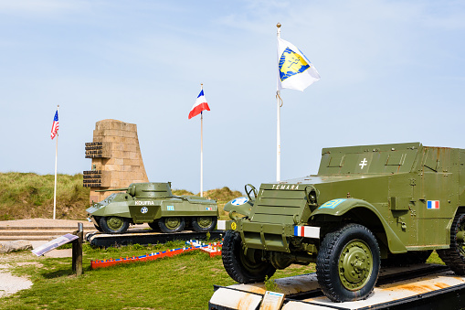 Moscow, Russia - May 5, 2008: Russian soldier stands near the convoy of rocket launchers in military parade rehearsal on Red Square, Moscow