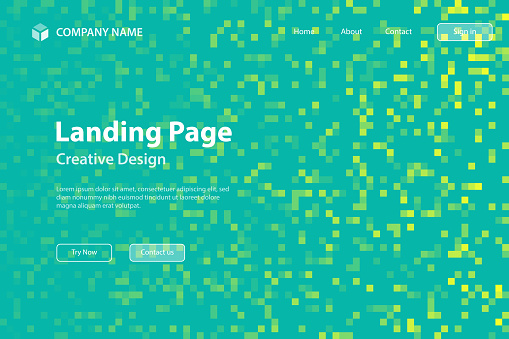 Landing page template for your website. Modern and trendy background. Abstract design with lots of squares in a pixel art style. Beautiful color gradient. This illustration can be used for your design, with space for your text (colors used: Yellow, Green, Blue). Vector Illustration (EPS file, well layered and grouped), wide format (3:2). Easy to edit, manipulate, resize or colorize. Vector and Jpeg file of different sizes.
