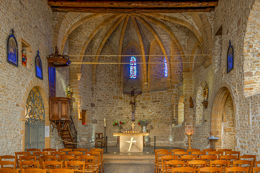 Val d'Oingt, France - 08 29 2021: Rhône Vineyard. Church of Saint-Mathieu de Oingt. View inside the church