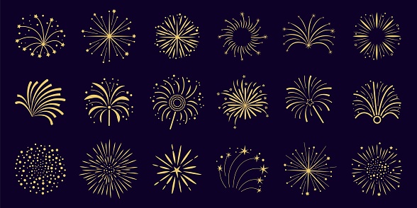 Set of gold fireworks. Collection of festive firecracker stars. Simple vector fest decoration. Elements for stickers, celebration, New year, anniversary, festival, birthday. Isolated on dark.