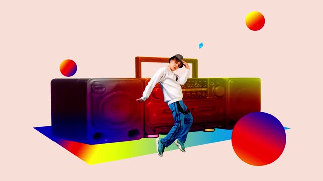 Stylish young man dancing near retro music player again pink background with abstract elements. Stop motion, animation.