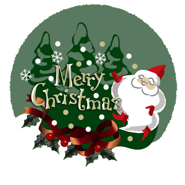 ilustracja wesołego świętego mikołaja z dużą brodą na boże narodzenie. choinka i mnóstwo wstążek, wesołych świąt - happy holidays stock illustrations