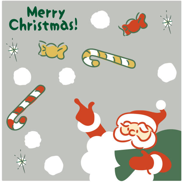 ilustracja wesołego świętego mikołaja z dużą brodą rozkładającego ramiona na boże narodzenie. choinka i cukierki i cukierki w paski, wesołych świąt 2 - happy holidays stock illustrations