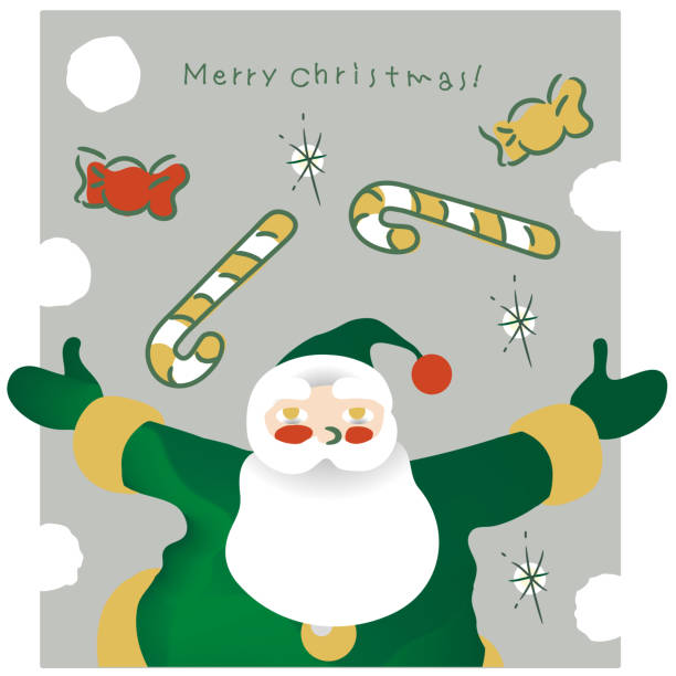 ilustracja wesołego świętego mikołaja z dużą brodą rozkładającego ramiona na boże narodzenie. choinka i cukierki i cukierki w paski, wesołych świąt - happy holidays stock illustrations