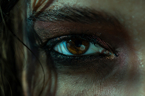 Close up of female eye with smudged makeup