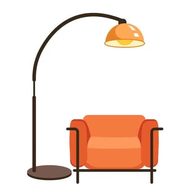 Vector illustration of Cartoon isolated classic armchair and lampshade on stand, retro fashion decor for home apartment and equipment for relax. Chair and lamp, furniture of living room interior vector illustration.