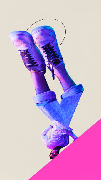 istock Poster. Contemporary art collage. Modern artwork. Energetic man dancer with huge, long legs painted in neon filter, light dancing in freestyle, breakdance style. 1744126740