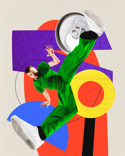 istock Poster . Contemporary art collage. Modern artwork. Talented man break-dancer with huge, long legs dancing against creative painted background. 1744126762