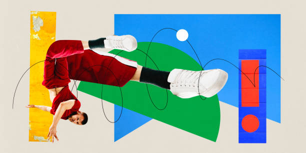 istock Poster . Contemporary art collage. Modern artwork. Energetic man dancer with huge, long legs and arms dancing in freestyle, breakdance style. 1744126776