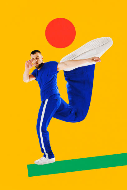 istock Poster . Contemporary art collage. Creative modern artwork. Talented man breakdance dancer with big legs performing new dancing moves. 1744126777