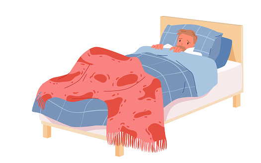 Sad sick young man lying on bed under blanket vector illustration. Cartoon isolated person suffering from cold low temperature at home, depressed sleepy guy covered with two plaids to keep warm