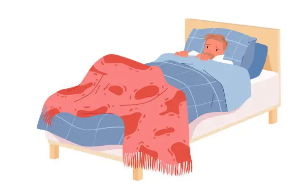 Vector illustration of Sad sick young man lying on bed under blanket, person suffering from cold low temperature