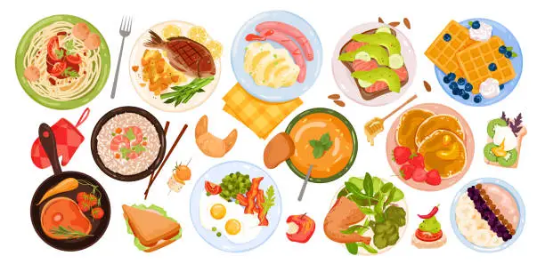 Vector illustration of Tasty food set, cereal breakfast, avocado and salmon toast, fried bacon and eggs