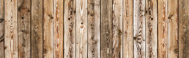 Panoramic wood texture. Brown wooden wall background. Rustic desks with knots pattern. Countryside architecture wall.