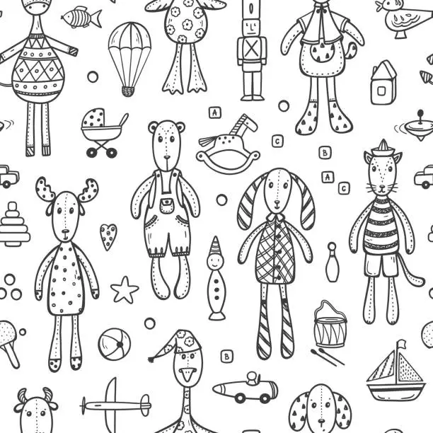 Vector illustration of Doodle Sewed Stuffed Kids Toys Seamless Pattern. Cute Animal Dolls. Various Wooden and Plush Toy. Baby Background. Vector illustration.