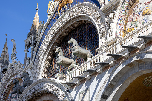 Venice, Italy - September 27, 2023: St Mark's Basilica (Basilica di San Marco), Horses of Saint Mark. It is Roman Catholic church located on St Mark's Square (Piazza San Marco)
