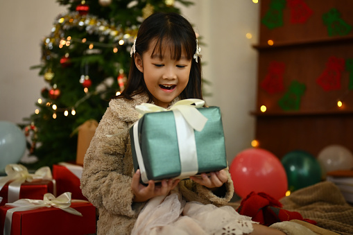Excited girl holding Christmas gift box with a beautifully decorated Christmas tree on background in a cozy living room.