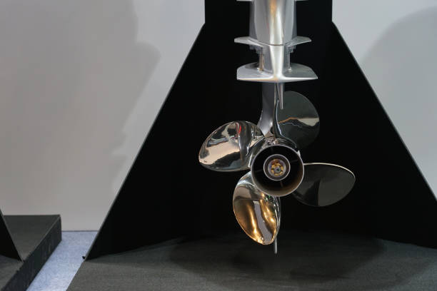 Close up image of Four bladed stainless steel Boat Engine propeller.
