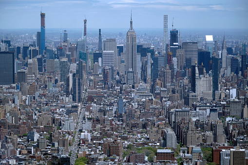 Aerial view of modern skyscraper buildings in Midtown Manhattan, New York City, New York State, USA.