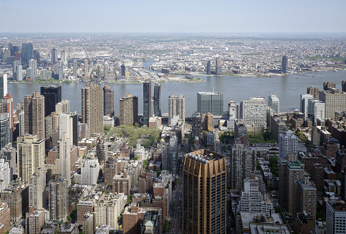 New York City skyline looking towards the Hudson River.