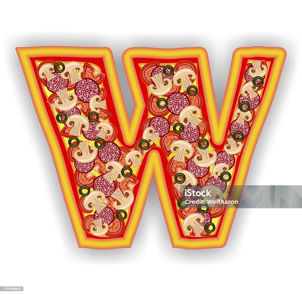 PIZZA - LETTER W of the alphabet Leftter W of the alphabet designed as a natural shaped real pizza with crusty crumb and ingredients, smooth shadow, isolated. Icon, symbol, button, sign or web design element as well as for print media publicity. Advertisement Stock Photo