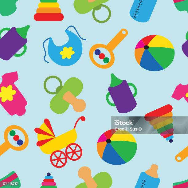 Seamless Pattern With Childrens Accessories Stock Illustration - Download Image Now - Baby - Human Age, Baby Booties, Baby Bottle