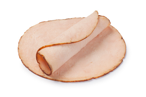 Studio shot of processed turkey breast cut out on a white background