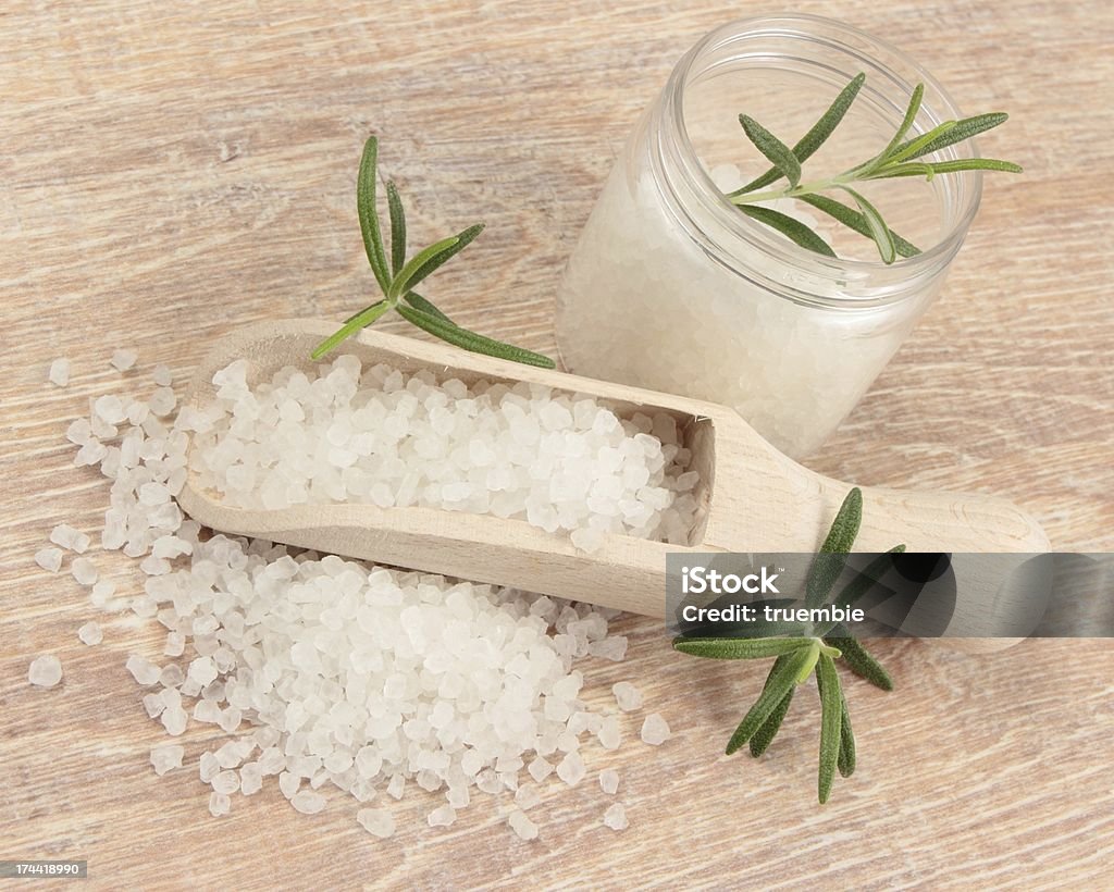 rosmary bath salt bath salt with wooden spoon Bath Salt Stock Photo