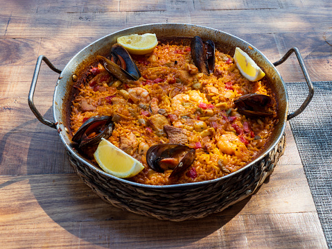 Typical paella dish in front of the beach of Fuengirola