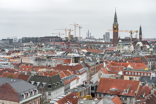 Aerial view from Copenhagen from the top of the round tower (Rundetaarn) on an overcast day - Medium