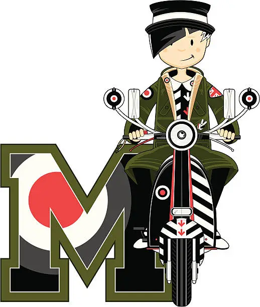 Vector illustration of Mod Girl on Scooter Learning Letter M