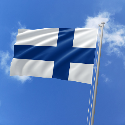 3d illustration flag of Finland. Finland flag isolated on the blue sky with clipping path.