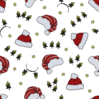 Christmas Hats and Headbands with fir trees Colorful Doodle Seamless Pattern. Seamless Pattern with Christmas headdresses, fir trees and stars on white background.