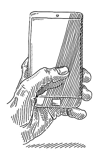 Hand-drawn vector drawing of a Hand Holding Blank Smart Phone. Black-and-White sketch on a transparent background (.eps-file). Included files are EPS (v10) and Hi-Res JPG.