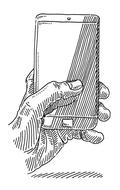 Vector illustration of Hand Holding Blank Smart Phone Drawing