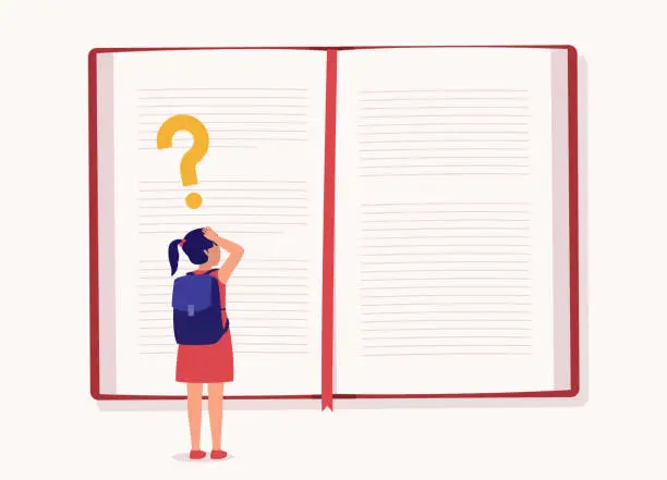 Vector illustration of Little Schoolgirl Looking At The Large Book Feeling Lost And Confused.