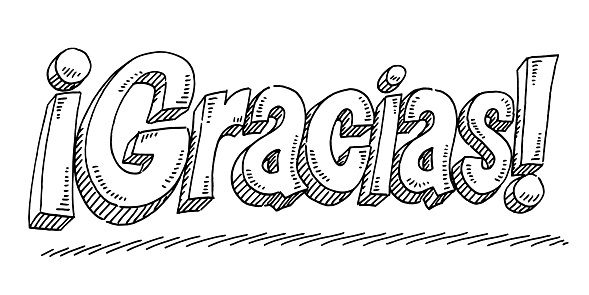 Hand-drawn vector drawing of a Gracias Thank You Spanish Text. Black-and-White sketch on a transparent background (.eps-file). Included files are EPS (v10) and Hi-Res JPG.