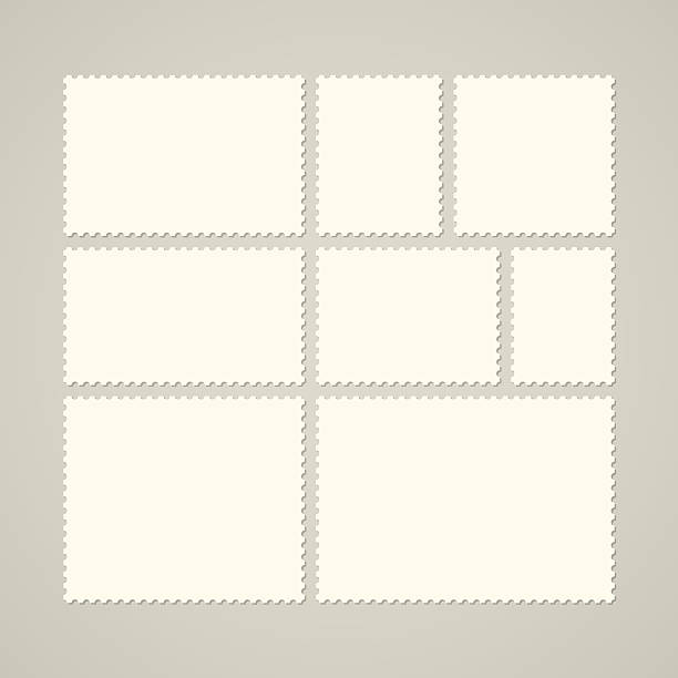 Set of various blank postage stamps isolated on gray Eight blank postage stamps, vector templates with place for your images and text postcard stock illustrations