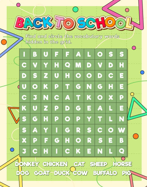 Find Hidden Words: A Logic Game for Learning English A fun word search puzzle game template with hidden words to enhance English language skills word game stock illustrations